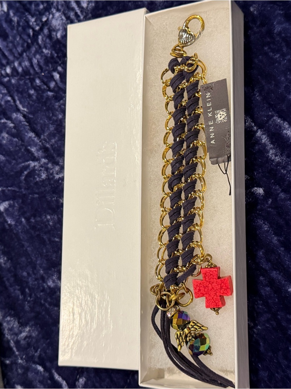 Anne Klein Gold Chain and Navy Braided Bracelet with Red Cross Charm